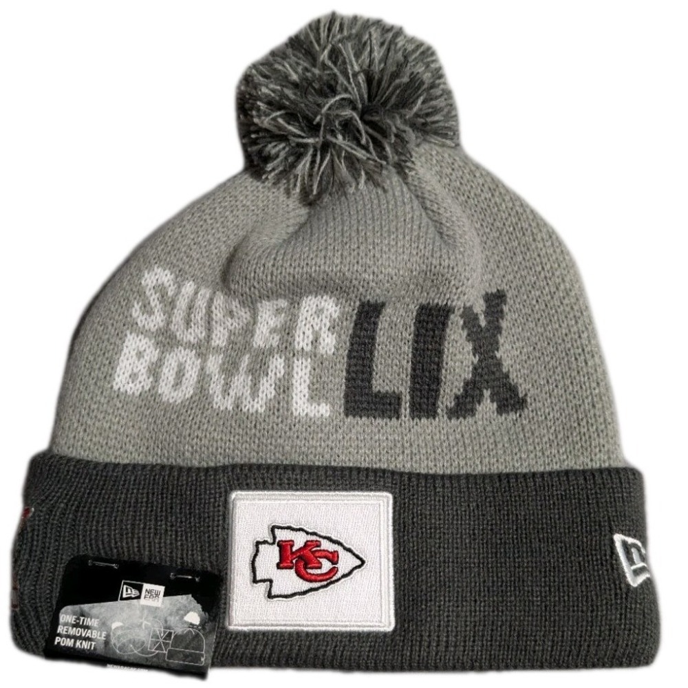 NWT Kansas City Chiefs Super Bowl LIX Knit Beanie Hat New‎ Era Gray Pom NFL